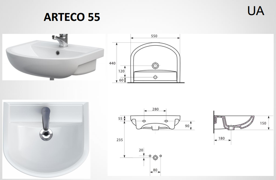 Тумба в ванную комнату Laura 55 - 2 с раковиной Arteco 55 Сансервис - фото 3 - id-p65293568