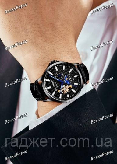 Чоловічий механічний наручний годинник GUANQIN з чорним циферблатом. 