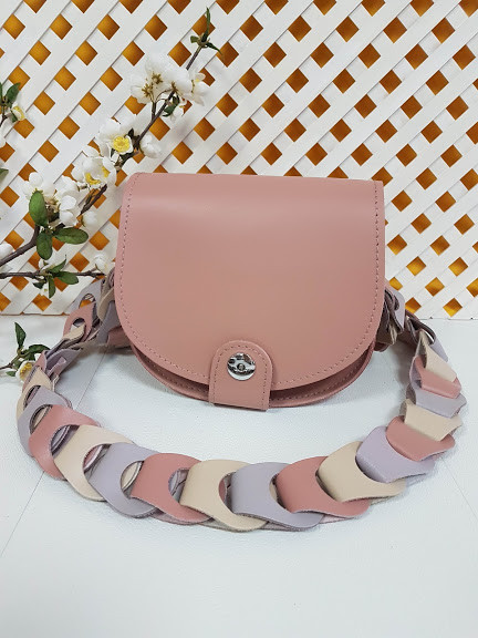 Сумка жіноча "Кенді" ремінь-плетіння натуральна шкіра, рожева матова, фото 1