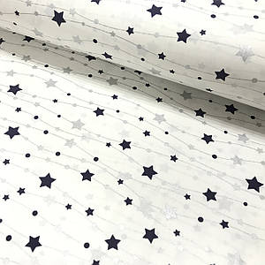 Тканина поплін зірки сині та срібні (глітер) з намистинками на білому (ТУРЦІЯ шир. 2,4 м)  (R-S-0453)