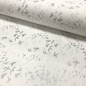 Тканина поплін пташки сріблясті (глітер) на білому (ТУРЦІЯ шир. 2,4 м) (R-FR-0491)