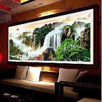 Алмазная мозаика Горный водопад 120 см / Алмазная живопись большая / Набор алмазной мозаики водопад