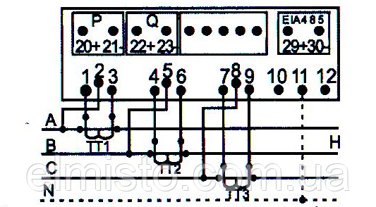 Підключення багатотарифного лічильника РОКІВ 01 2121R-FOS02S з трьома трансформаторами струму Підключення електролічильника РОКІВ 01 2121R-FOS02S з трьома трансформаторами струму