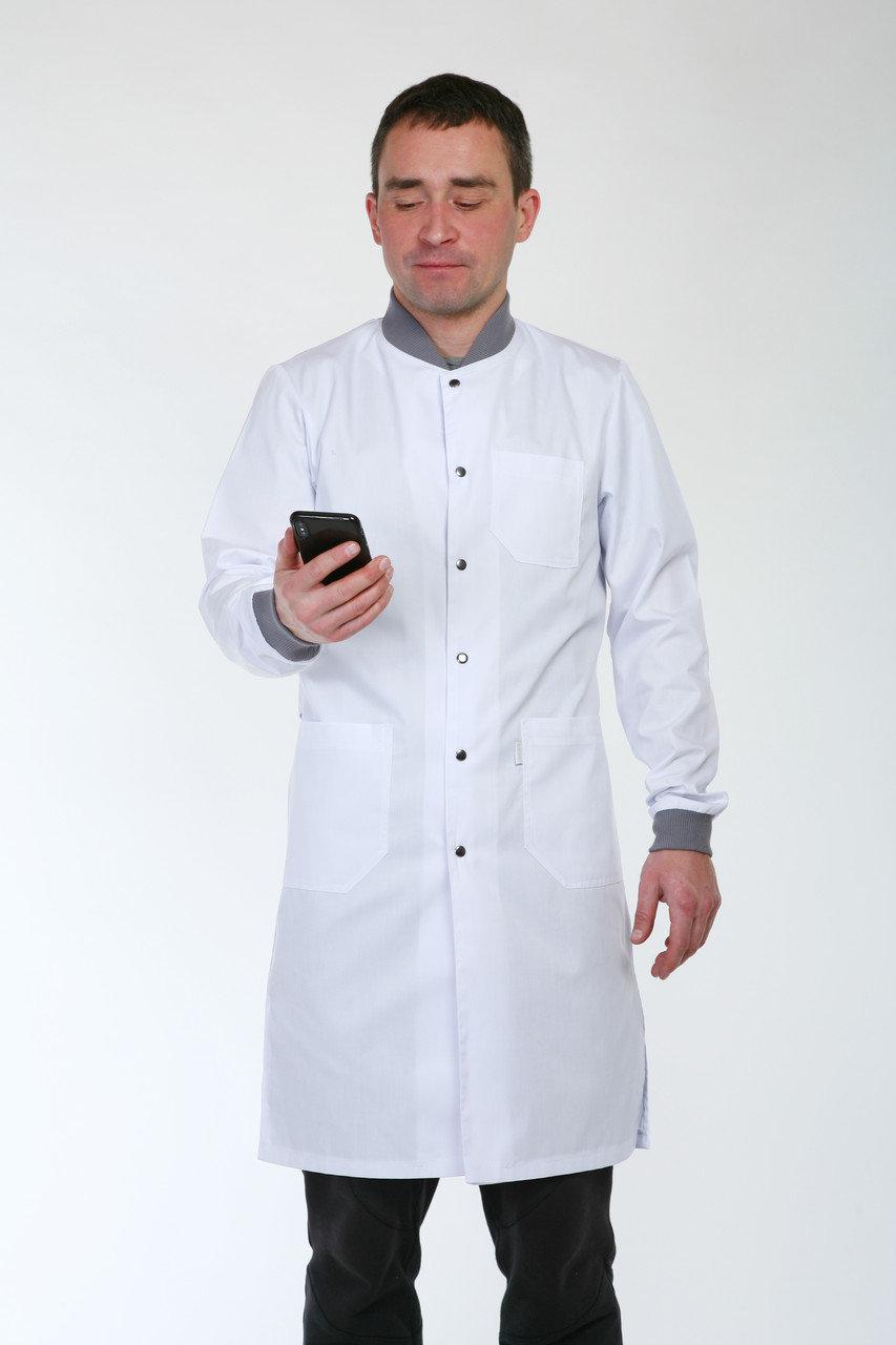 Медичний чоловічий халат з манжетами 3142 (коттон, білий, р. 42-56) Хелслайф