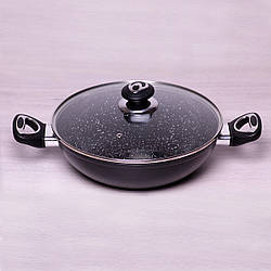 Вок Kamille 28см з литого алюмінію з керамічним покриттям "мармур" і кришкою
