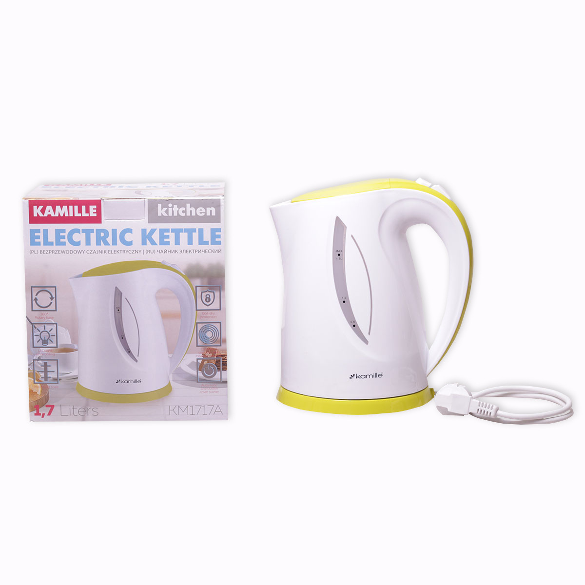 Чайник електричний Kamille 1.7 л пластиковий (білий із салатовим), фото 1