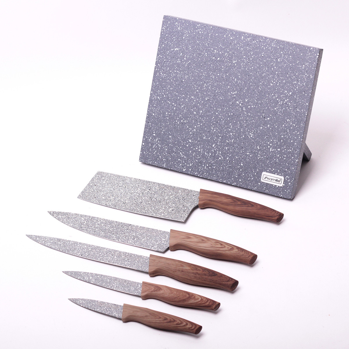 Набір ножів 6 предметів з нержавіючої сталі на підставці з мармуровим покриттям (5 ножів+підставка)