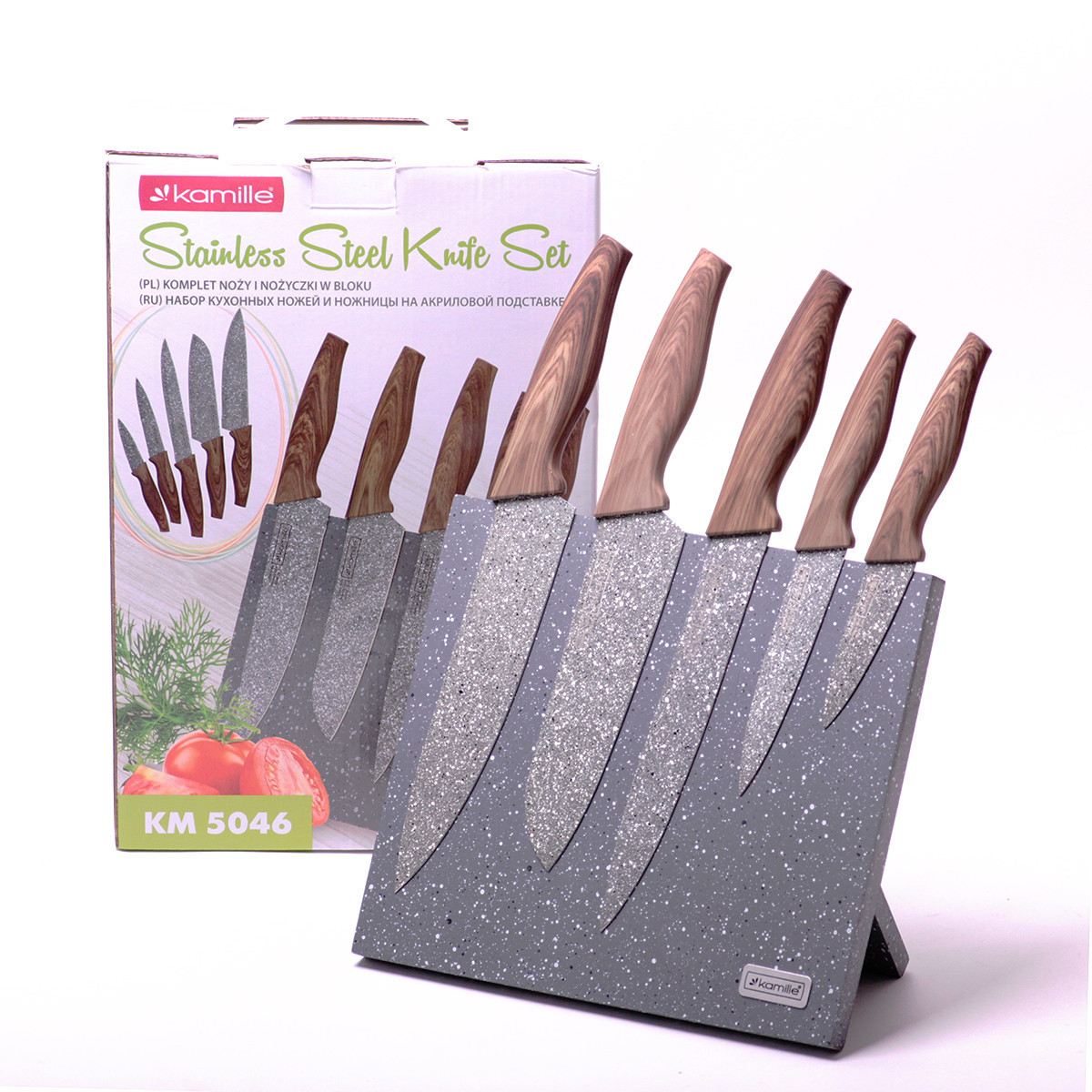 Набір ножів 6 предметів з нержавіючої сталі на підставці з мармуровим покриттям (5 ножів+підставка), фото 1