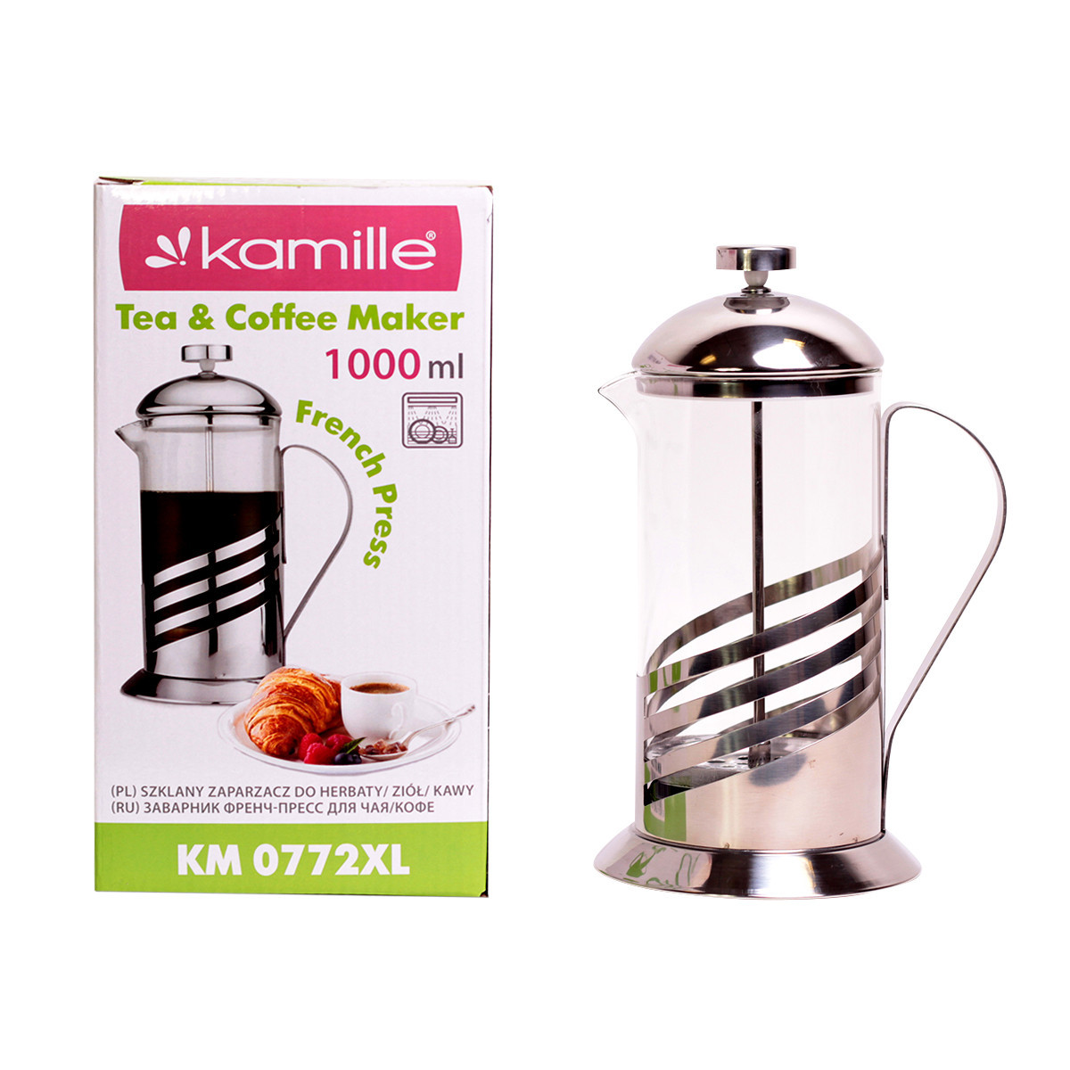 Френчпресс Kamille 1000мл (нержавеющая сталь, стекло)