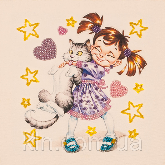Набір для вишивання бісером FLF-014 Дівчинка з котом 20*20 Чарівна країна якісний, фото 1