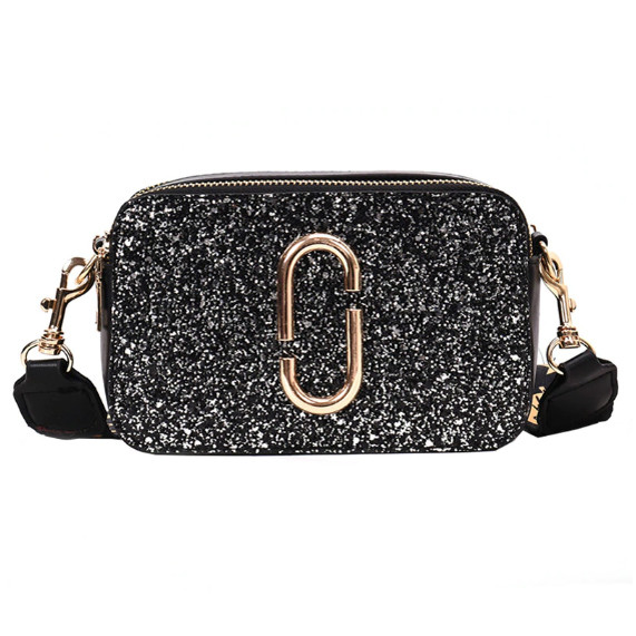 Сумка жіноча Camera Bag з блискітками та текстильним ремінцем у стилі Marc Jacobs (срібляста)