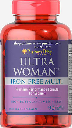 Вітаміни для жінок Puritan's Pride Ultra Women™ Daily Multi Iron Free Timed Release 90 капс., фото 1