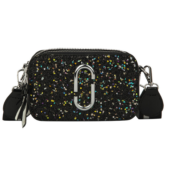 Сумка жіноча Camera Bag з блискітками та текстильним ремінцем у стилі Marc Jacobs (чорна), фото 1