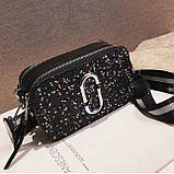 Сумка жіноча Camera Bag з блискітками та текстильним ремінцем у стилі Marc Jacobs (чорна), фото 2