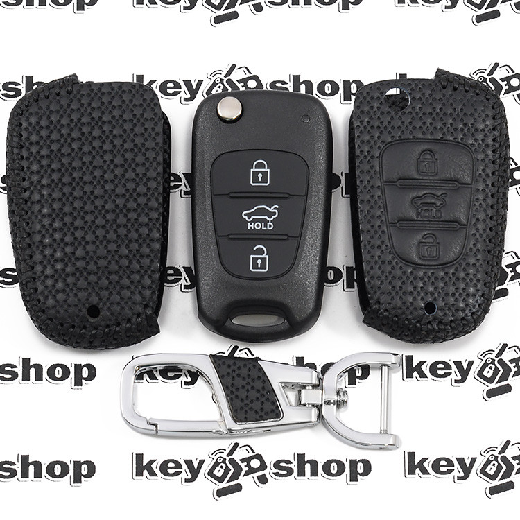 Кожаный чехол (c тиснением), для выкидного ключа Hyundai (Хундай) 3 кнопки - фото 1 - id-p982951929