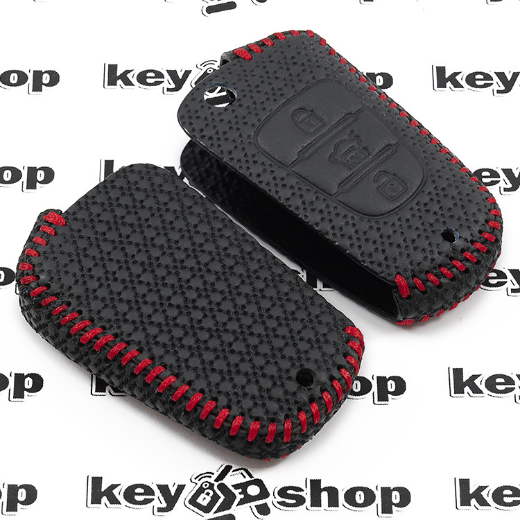 Кожаный чехол (с красной строчкой, c тиснением), для выкидного ключа Hyundai (Хундай) 3 кнопки - фото 2 - id-p982956677