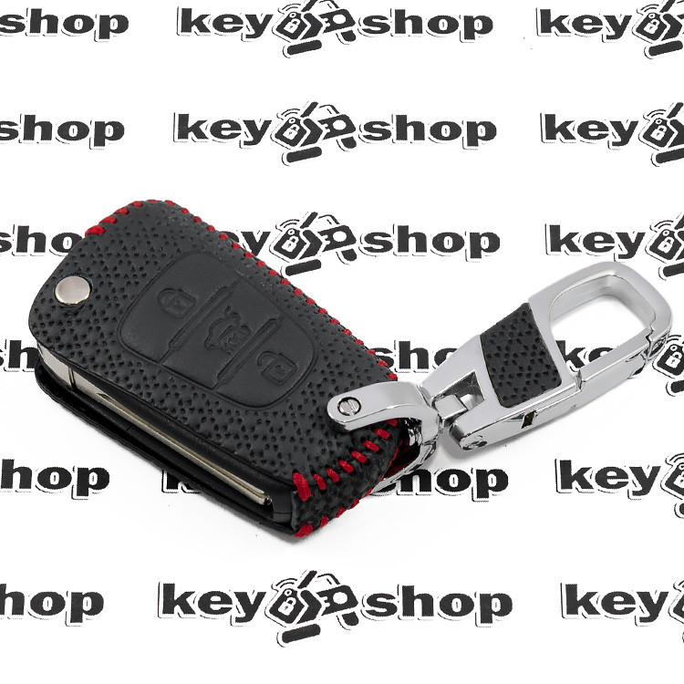 Кожаный чехол (с красной строчкой, c тиснением), для выкидного ключа Hyundai (Хундай) 3 кнопки - фото 3 - id-p982956677