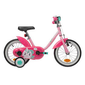 Дитячий велосипед рожевий із ручними ножним гальмом і бічними коліщатками (3-5 років,14 дюймів колеса)