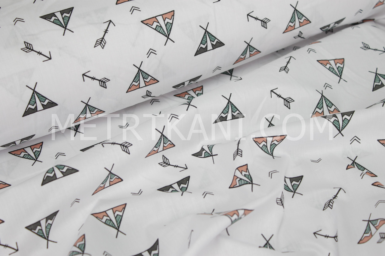 Бавовняна тканина "Вігвами і стріли" на білому №1500