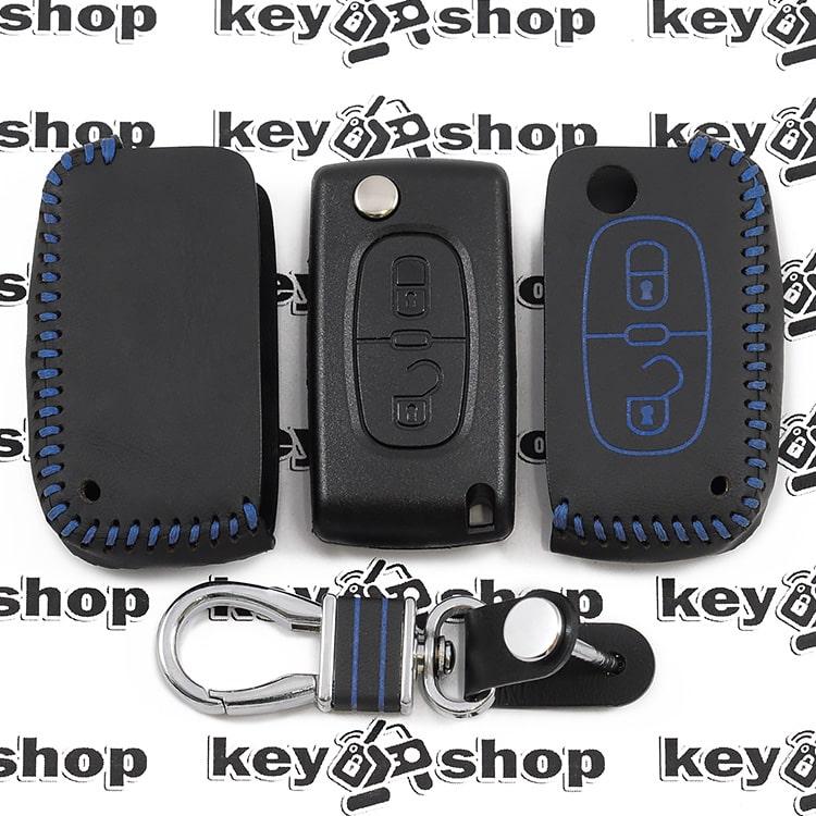 Кожаный чехол (с синей строчкой), для выкидного ключа Peugeot (Пежо) 2 кнопки - фото 1 - id-p983501511