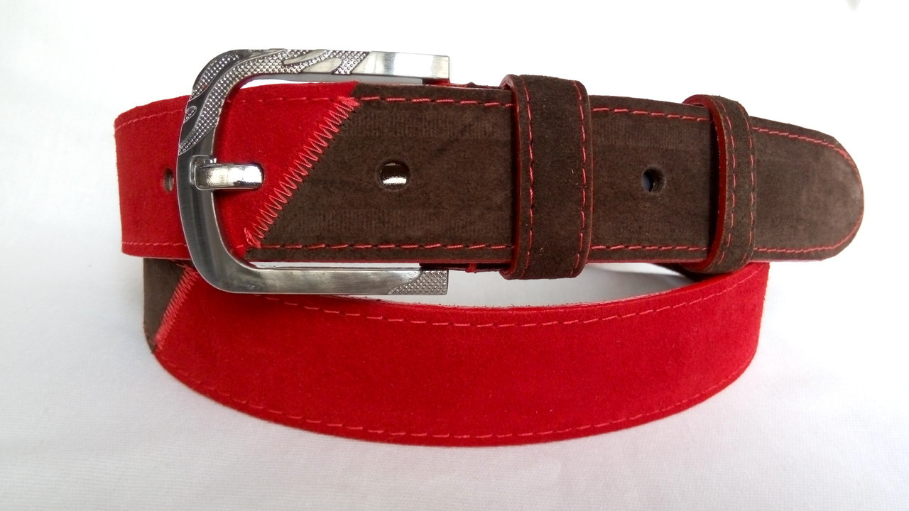 Замшевий ремінь 40 мм  комбінований  червоно - коричневий 