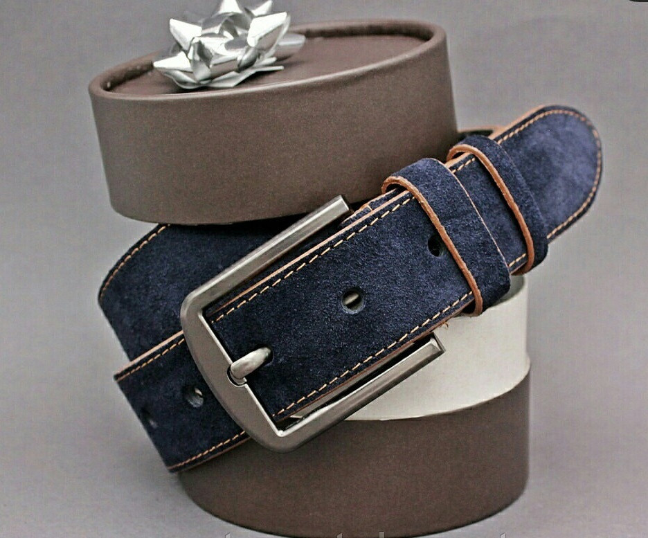Замшевий ремінь 40 мм  синій  з  коричневою ниткою 