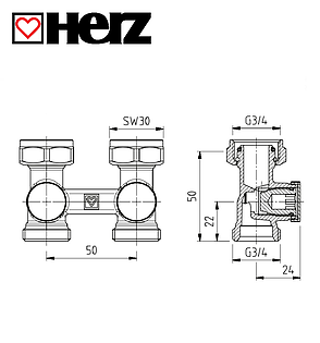 Вузол нижнього підключення радіатора прямий Herz-3000-RL-1 3/4", фото 2