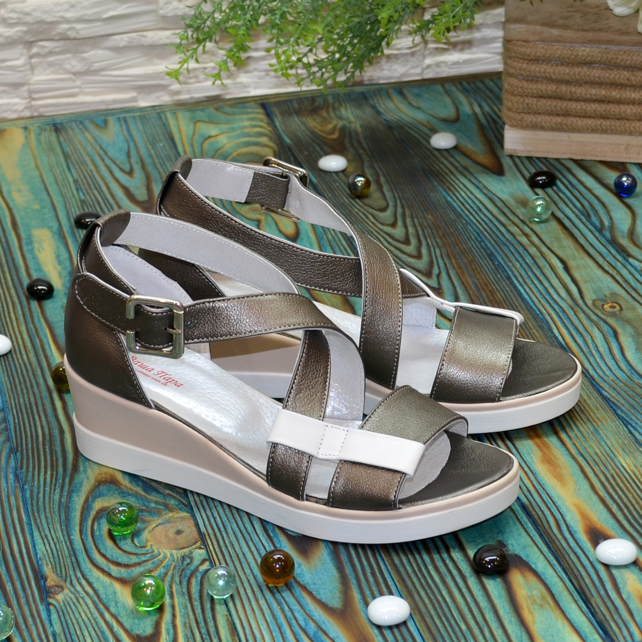 Женские босоножки на танкетке, натуральная кожа флотар бронзового цвета ...