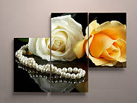 Модульная картина на холсте цветы нежно белые розы с украшениями Розы 90х60 из 3-х частей