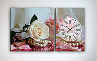Часы на холсте настенный декор нежная роза с лепестками в вазе и украшениями в подарок 100*60 из 2ч