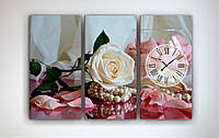 Модульная настенная картина с часами на холсте лепестки роз в вазе украшения габарит 90*60 из 3 ч