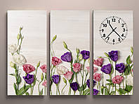 Модульная картина Настенные часы на холсте Эустомы красивые яркие цветы на светлом фоне 90*60х3 ч