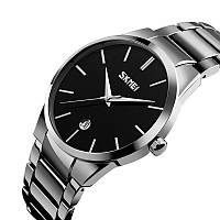Мужские часы Skmei 9140 серебристые с черным циферблатом на браслете