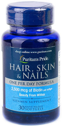 Puritan's Pride Hair Skin and Nails One Per Day Formula 30 Softgеls, фото 1