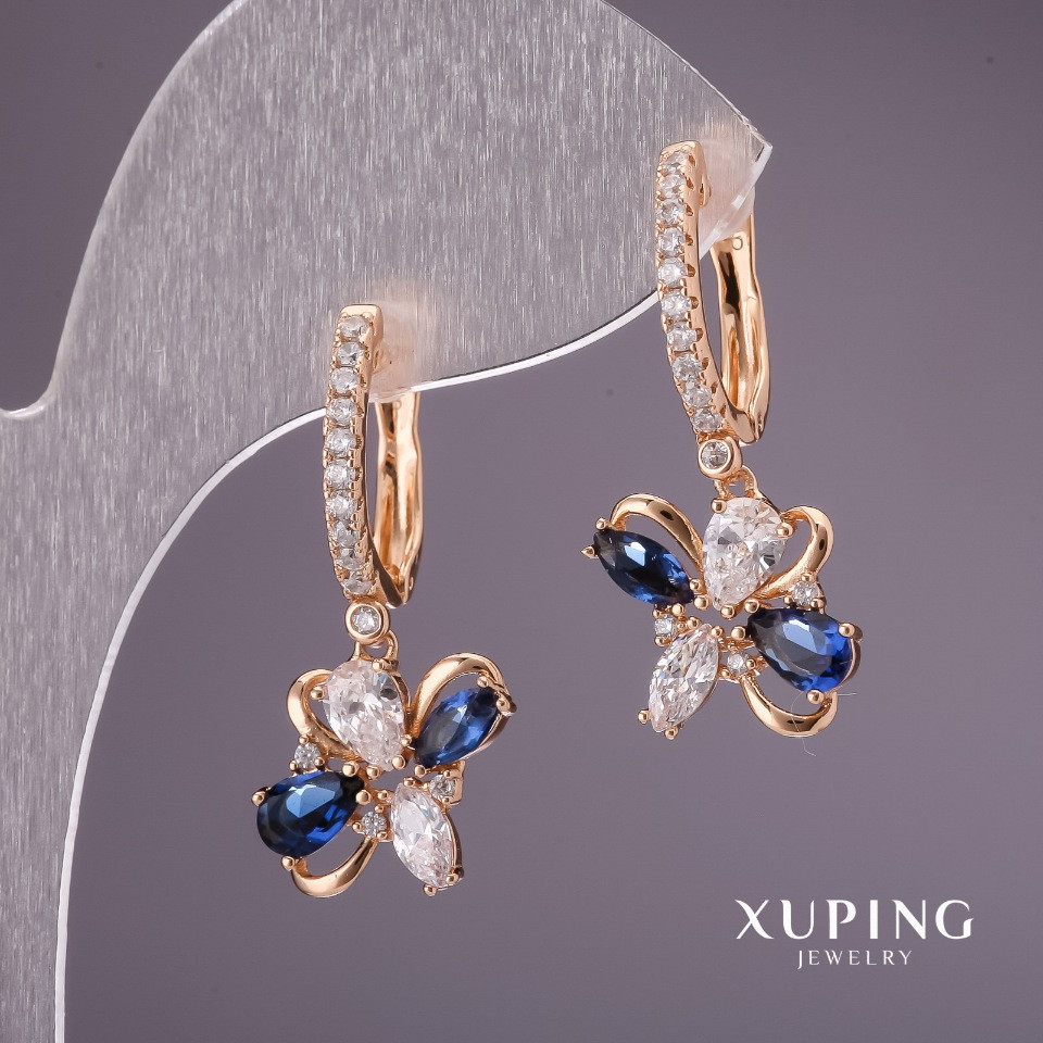 Сережки Xuping з синіми каменями 30х12мм позолота 18к