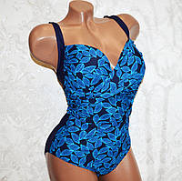 Великий розмір 5XL (56). Шикарний суцільний жіночий купальник, синій із яскравим листям, є чашка