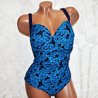 Великий розмір 6XL (58). Яскравий цілісний жіночий купальник, синій із листям, з чашкою