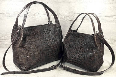 523к-XL Натуральна шкіра, Сумка жіноча, тиснення крокодил коричнева Сумка-тоут шкіряна Об'ємна сумка жіноча середнього розміру