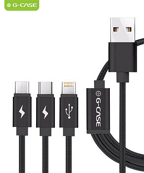 Кабель G-CASE 3 в 1 Micro USB + Lightning + USB-C Data/Charger 1,2 метра, чорний (QT-Gcable-bk)