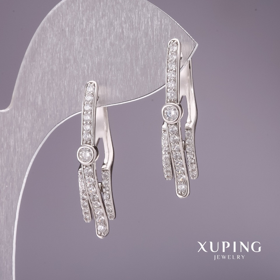Сережки Xuping з білими стразами 31х7мм родій