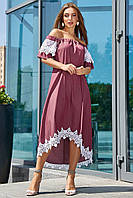 Асимметричное платье с кружевом 44-50 размера марсаловое