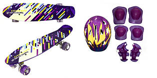 Пенни борд Print Graffiti! Колеса мягкие! Скейт, Penny Board. Фиолетовый разночветный. Шлем + защита