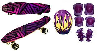 Пенни борд Print Graffiti! Колеса мягкие! Скейт, Penny Board. Фиолетовый. Шлем + защита