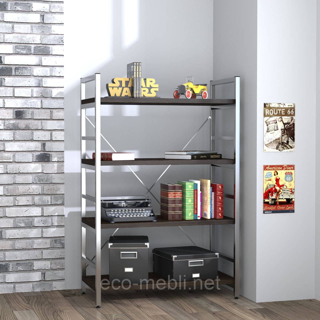 Стелаж низький для дому чи офісу L-125 Loft Design Хром / Венге Корсика