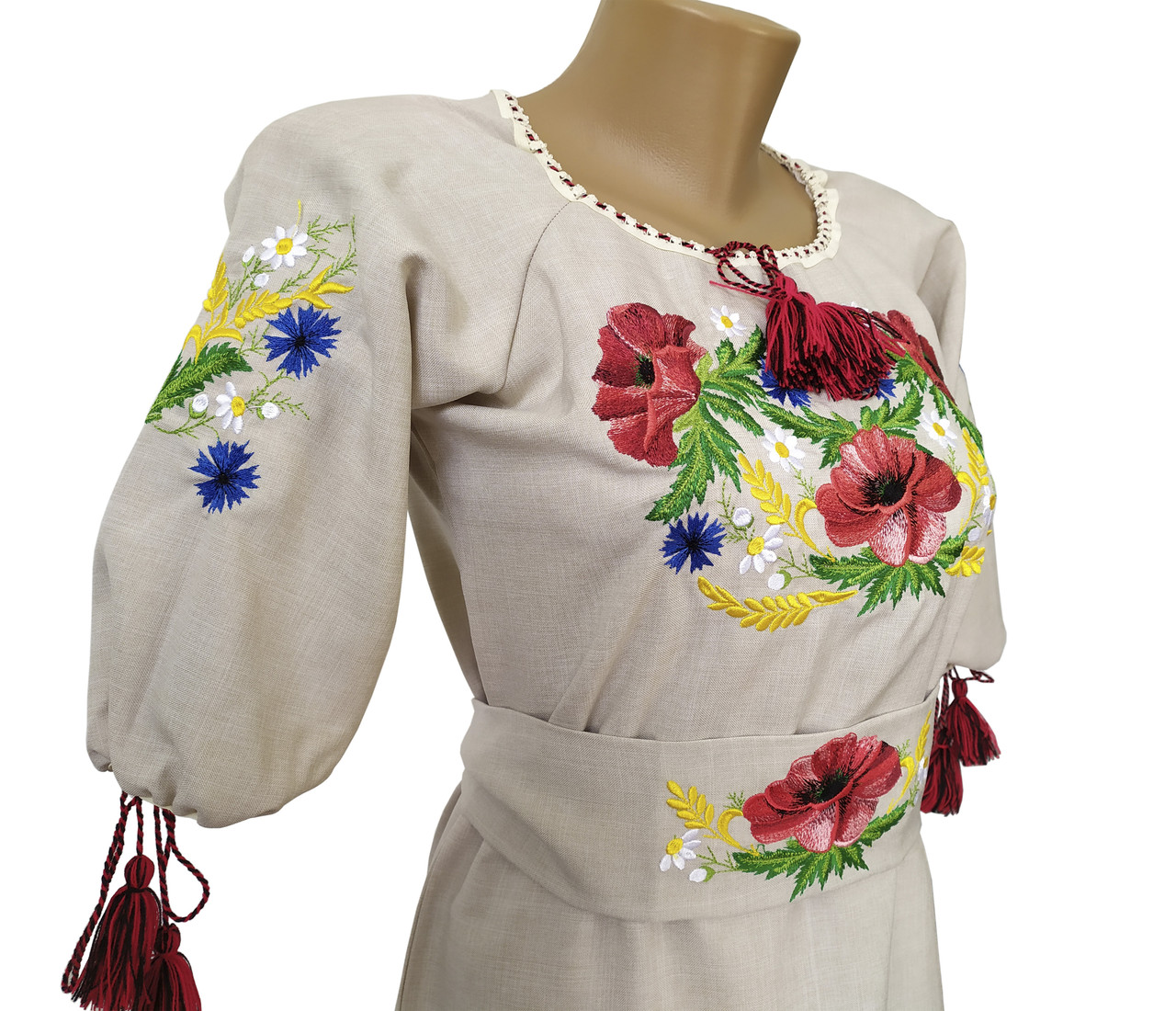 Стильное женское вышитое платье до колен с цветочным орнаментом «Мак-василек» - фото 2 - id-p284237324