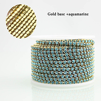 Стразовий ланцюг Щільний. SS12 Aquamarine - Золото. Цена за 0,5м