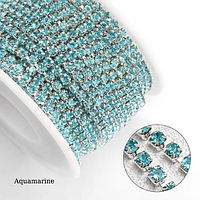 Стразовая цепь Плотная. SS12 Aquamarine - Серебро. Цена за 0,5м