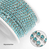 Стразовий ланцюг Щільний. SS12 Aquamarine — Срібло. Цена за 0,5м