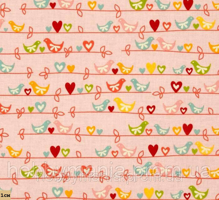Пташки, Блакитнки, весняна романтика, Рожевий, бавовняна дизайнерська тканина для печворку та рукоділля, PM-14