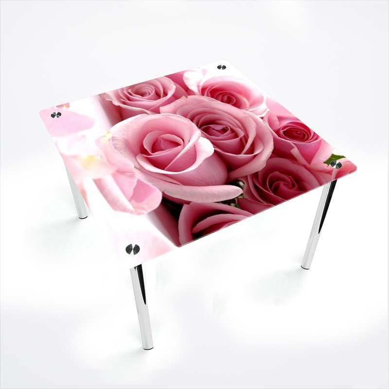 Стіл обідній скляний Квадратний стільниця скло фотодрук Pink Roses 700х700*Еко мм (БЦ-Стіл ТМ)